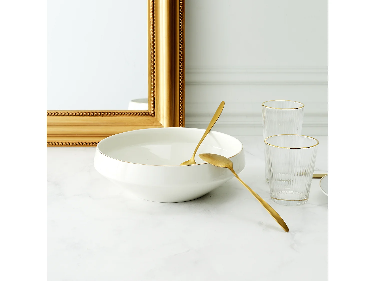 Saladier En Porcelaine Lisere Dore D25cm Blanc, Or