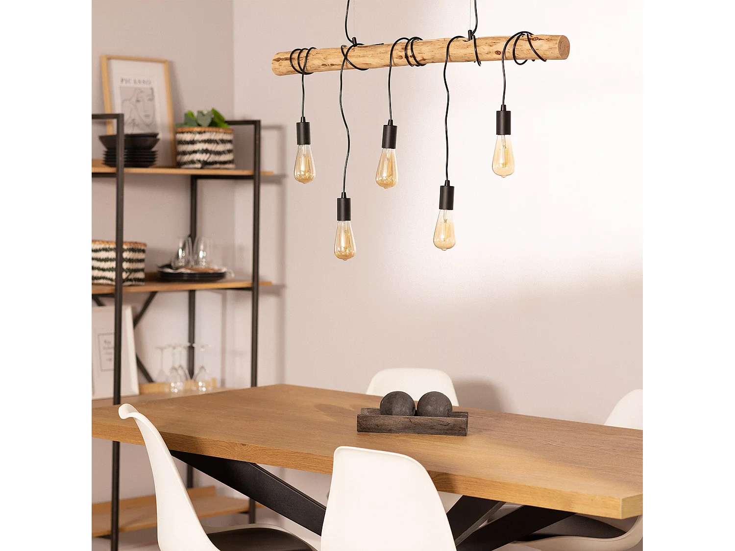 Lampada a Sospensione in Metallo e Legno Yagis Nero
