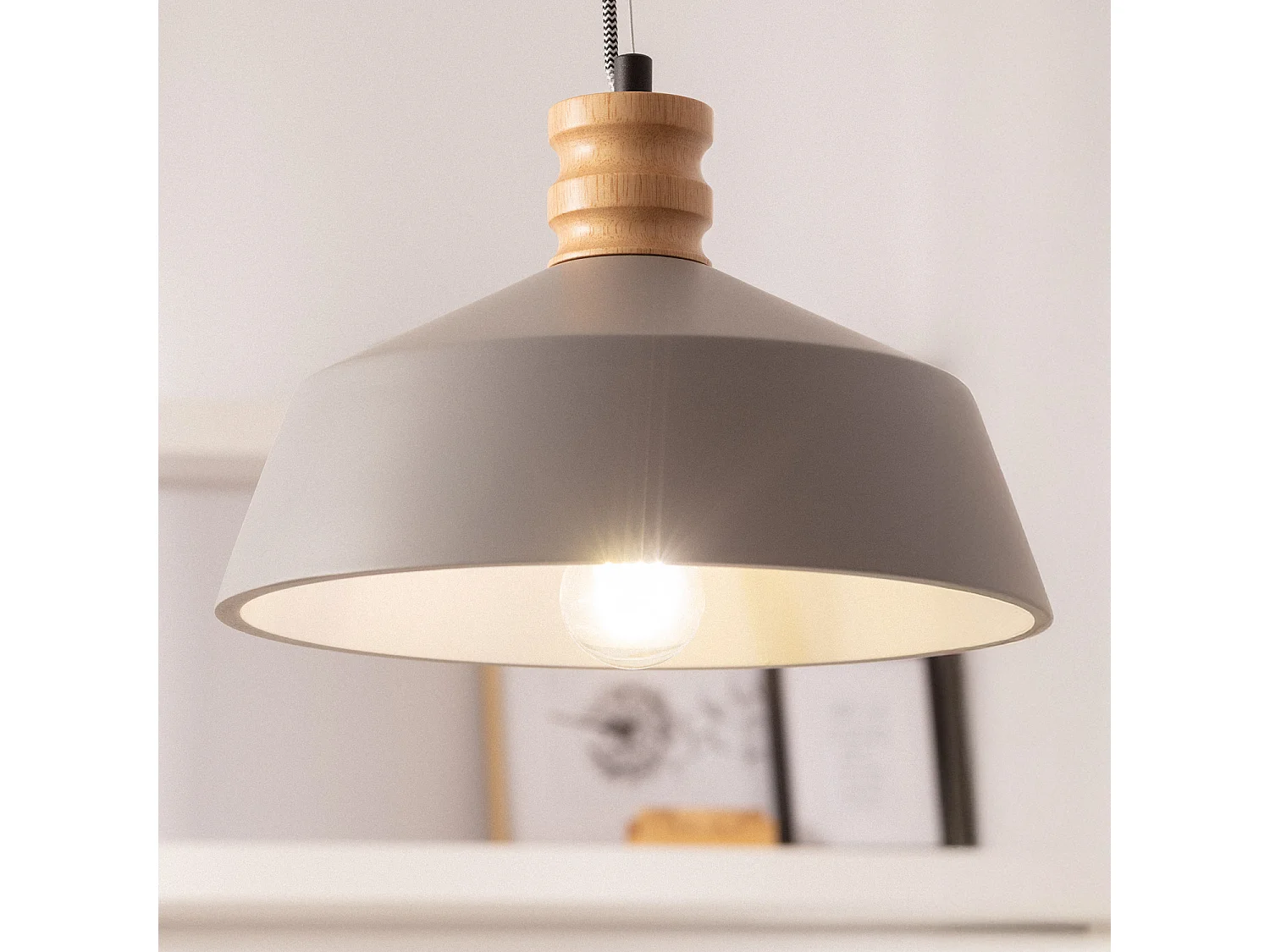 Lampada a Sospensione Cemento e Legno Kukojoa Grigio