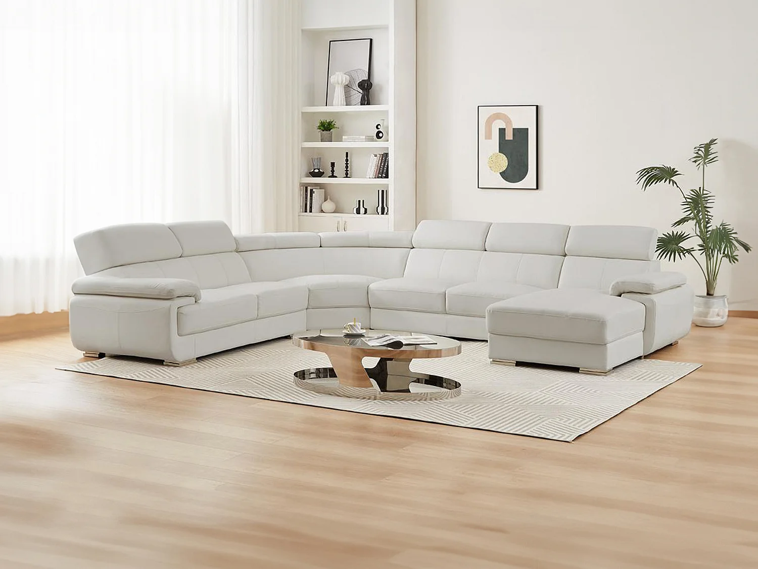 Panorama-hörnsoffa högerställd i vitt läder stor ELEVANTO