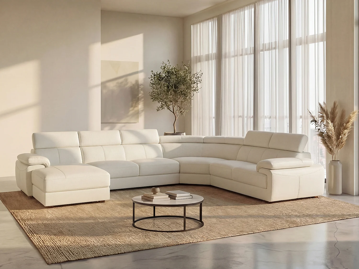 Gran sofá  7 plazas de piel ELEVANTO - Blanco marfil - Ángulo derecho