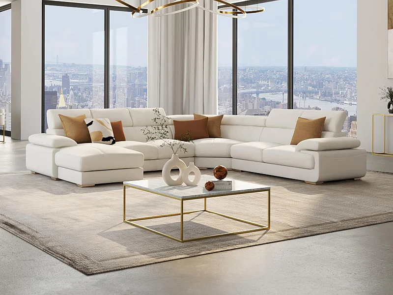 Grand canapé d'angle gauche panoramique en cuir blanc ELEVANTO