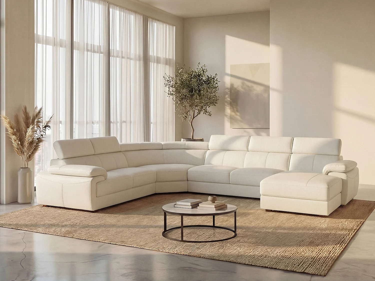 Gran sofá  7 plazas de piel ELEVANTO - Blanco marfil - Ángulo izquierdo