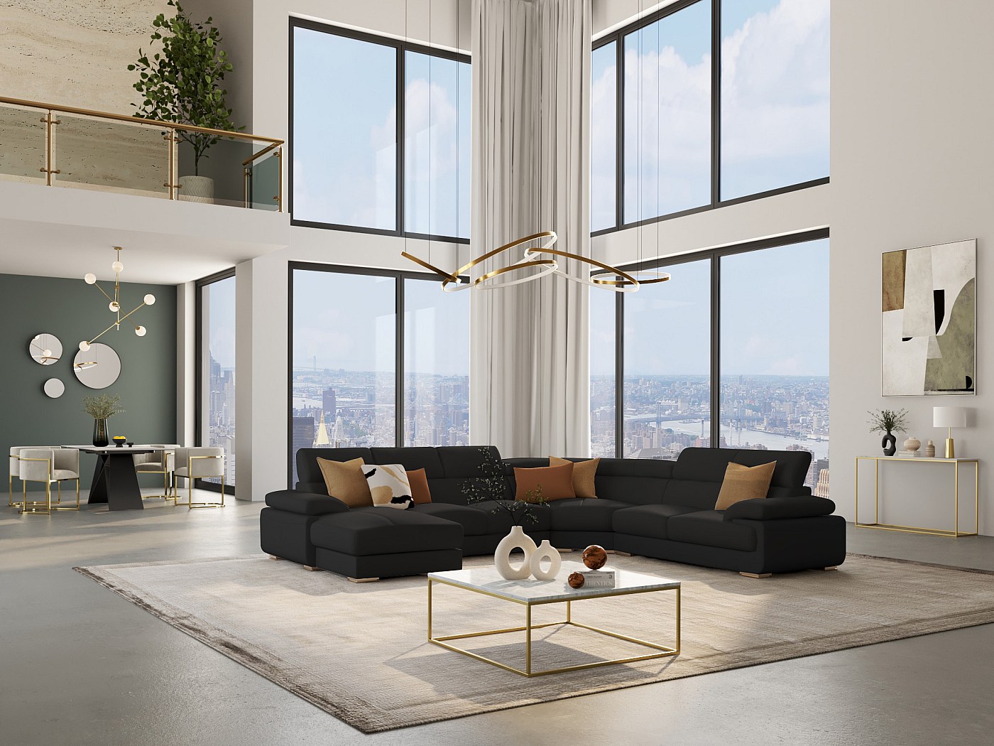 Sofá XXL 7 plazas piel en negro ángulo izquierdo ELEVANTO