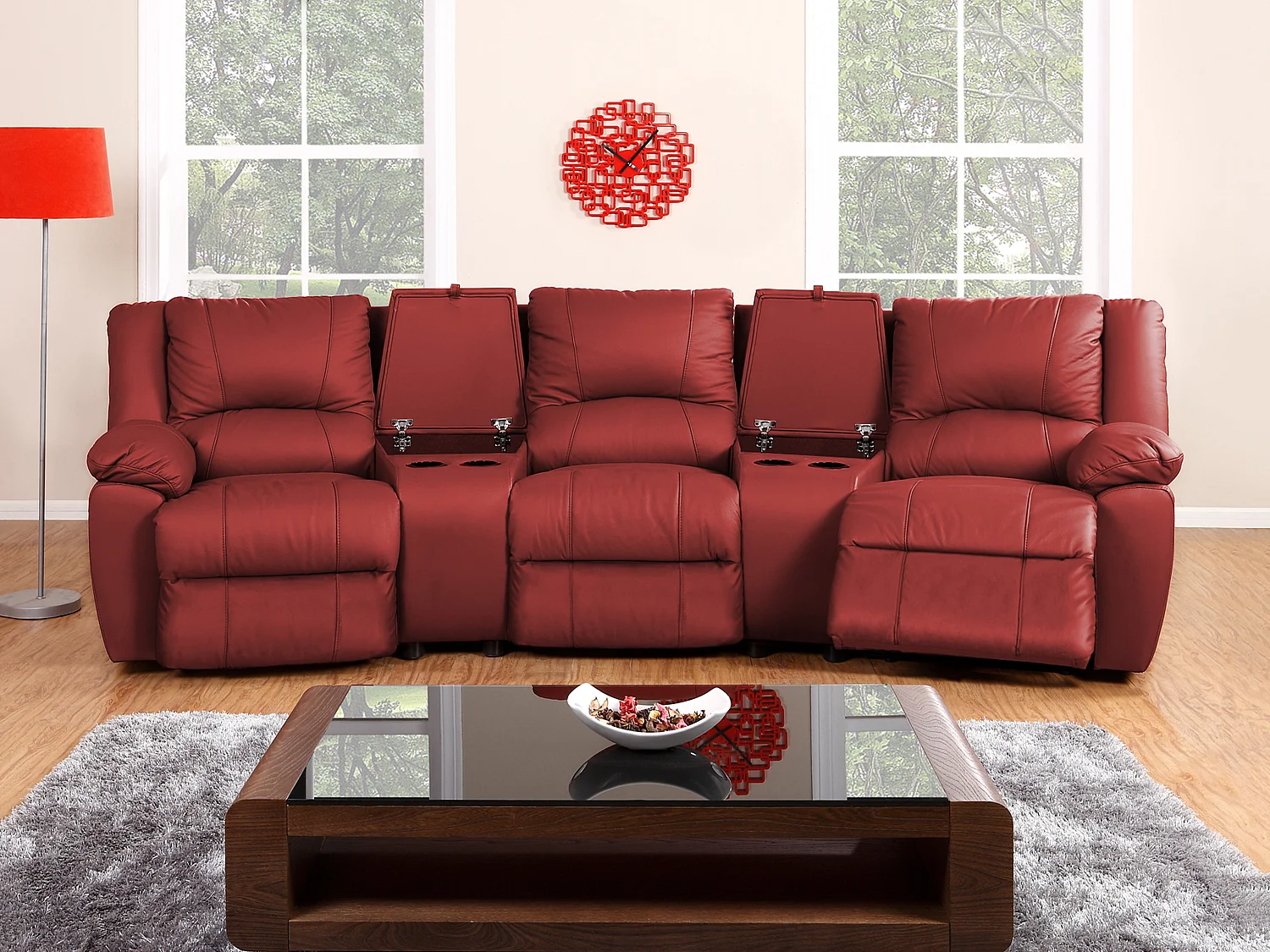 Driezits relaxbank van leer AROMA - rood