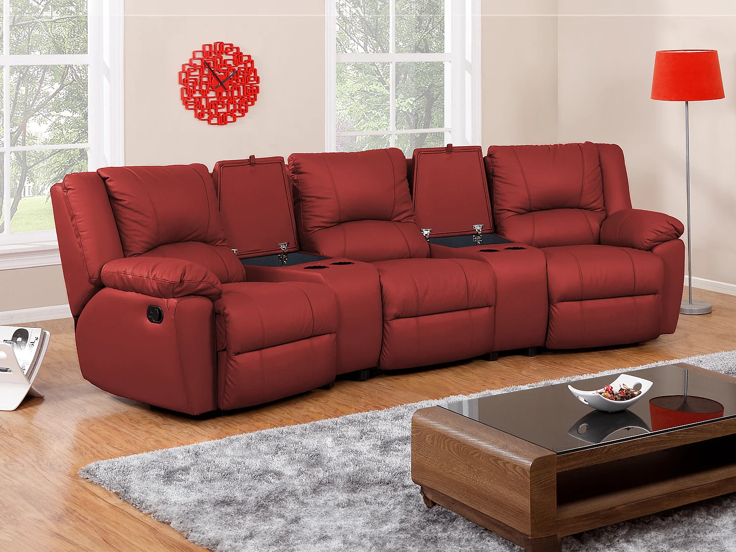 Driezits relaxbank van leer AROMA - rood