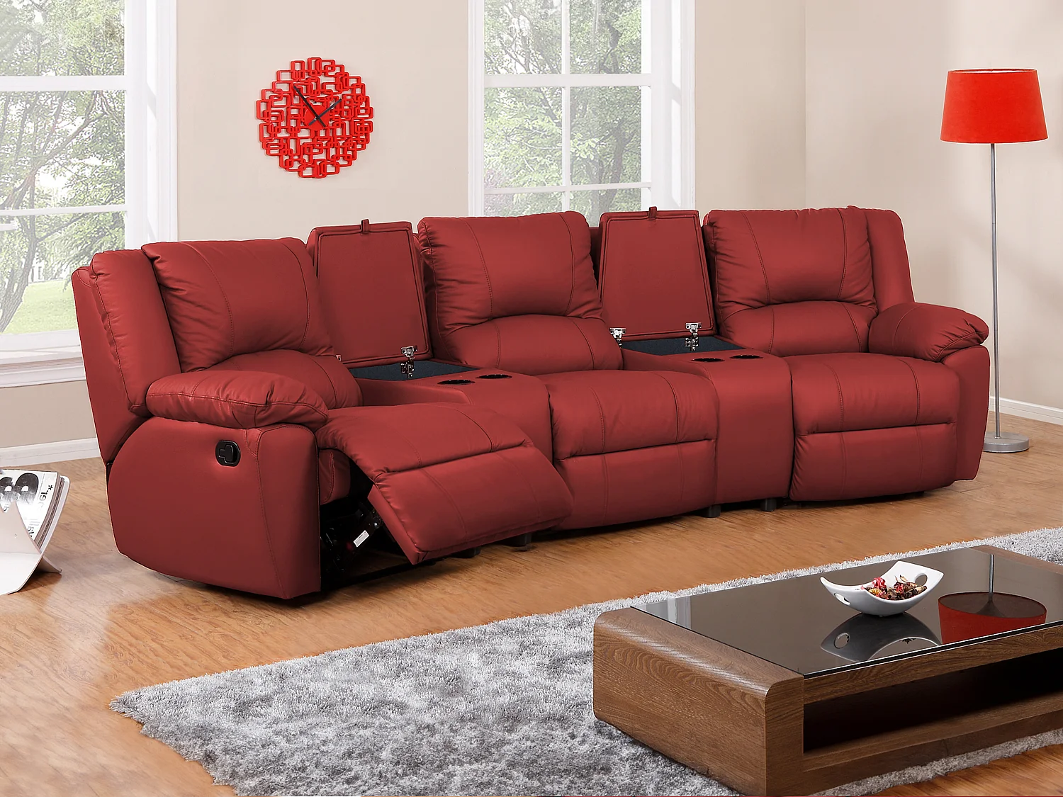 Driezits relaxbank van leer AROMA - rood