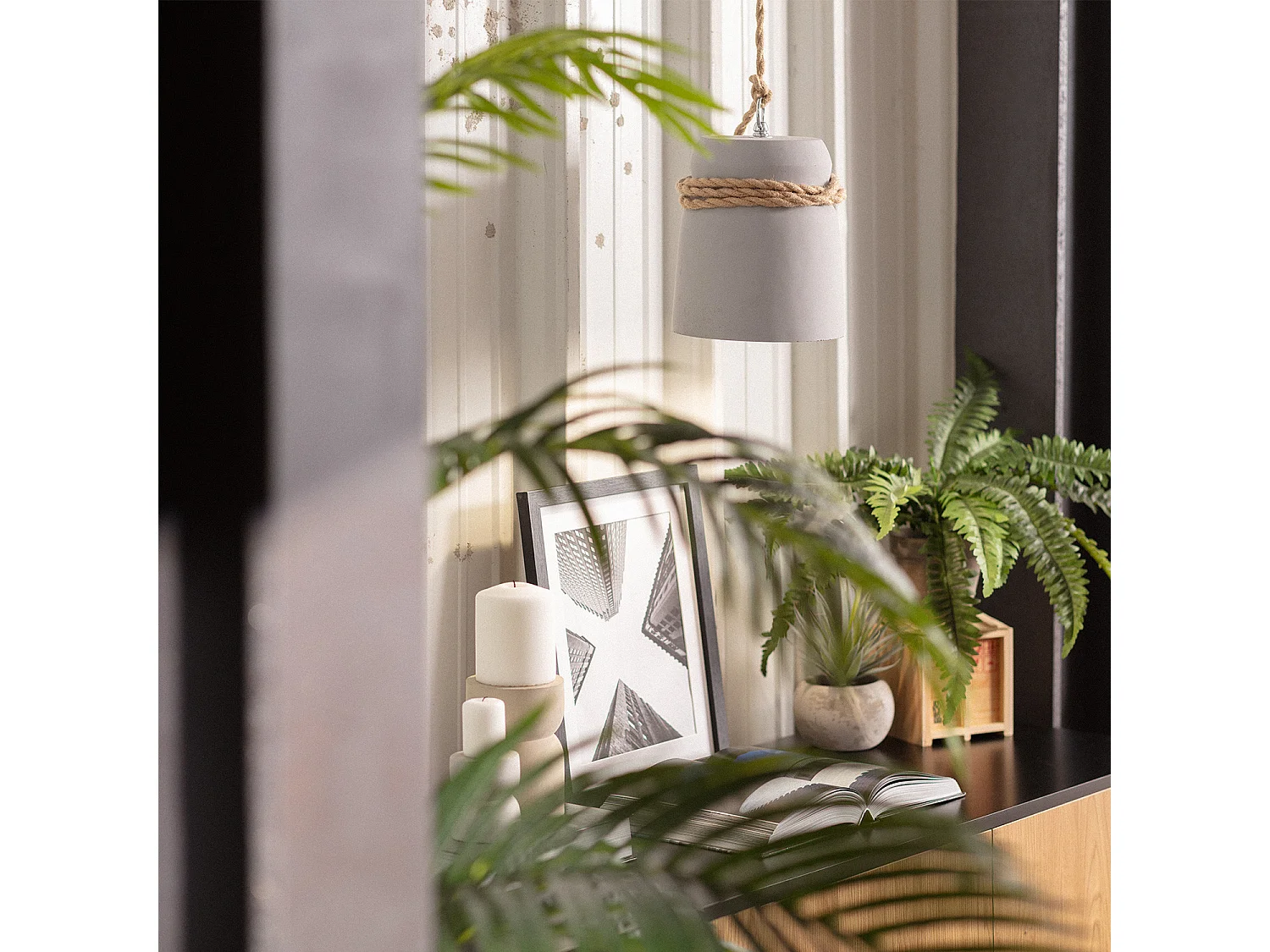 Lampada a Sospensione Cemento e Corda Dawan Grigio Grafite