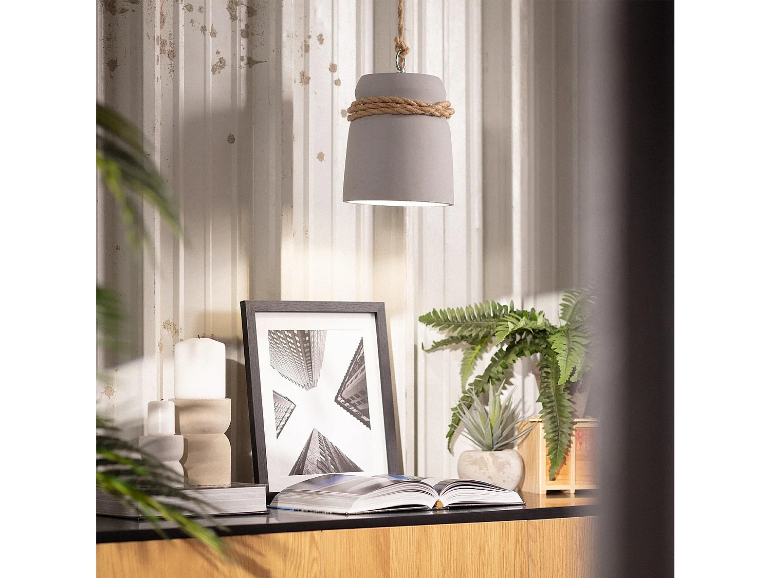 Suspension Ciment et Corde Dawan Gris graphite