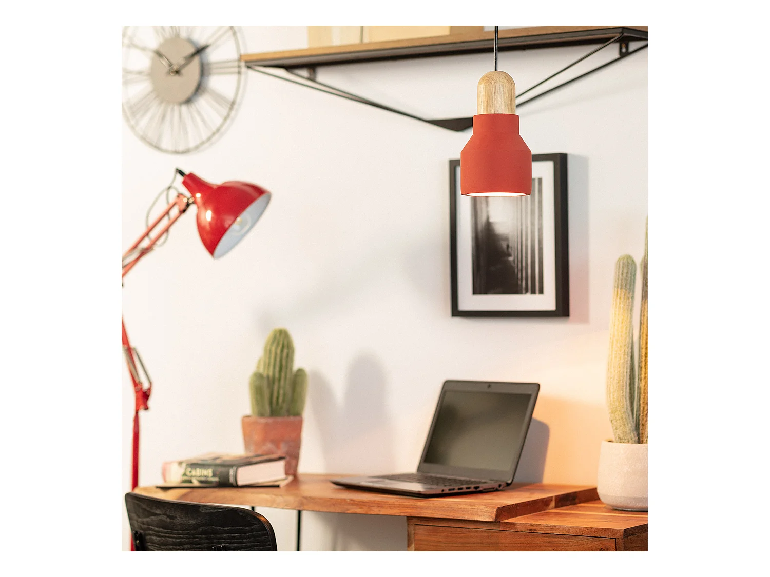 Suspension Ciment et Bois Luster Terre cuite