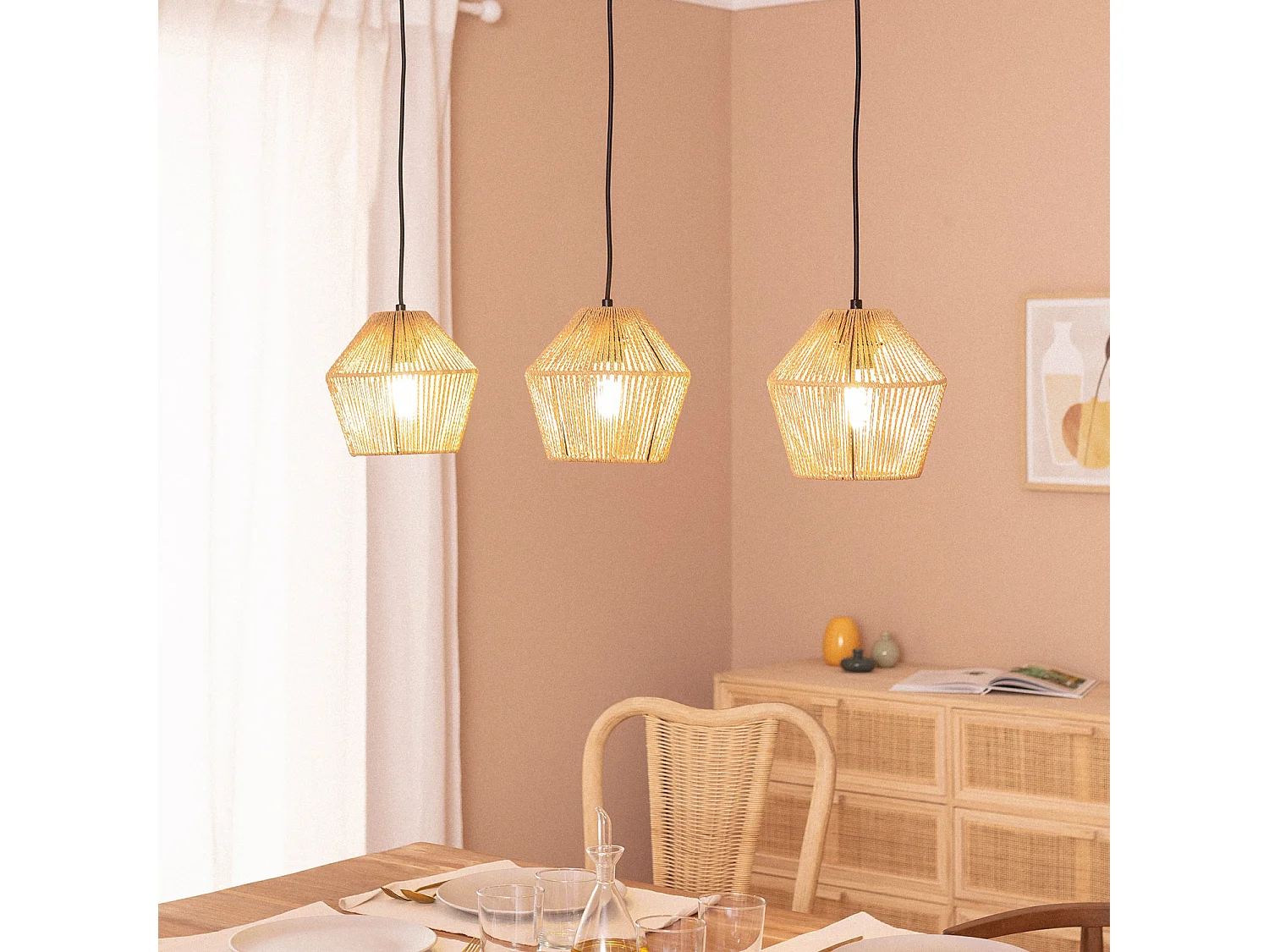 Lámpara Colgante Papel Trenzado Kirito 3 Focos Natural