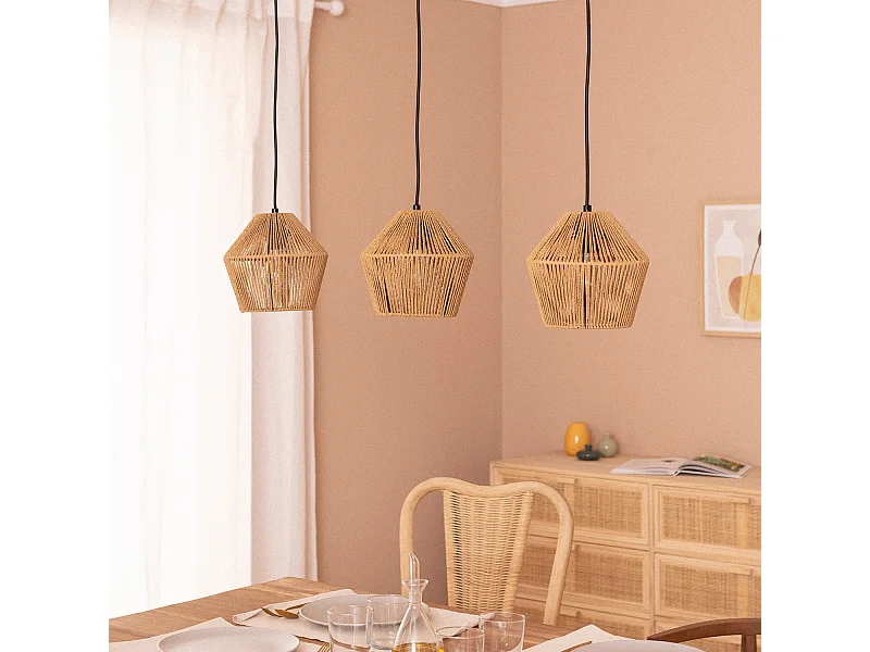 Lampada a Sospensione Carta Intrecciata Kirito 3 Faretti Naturale