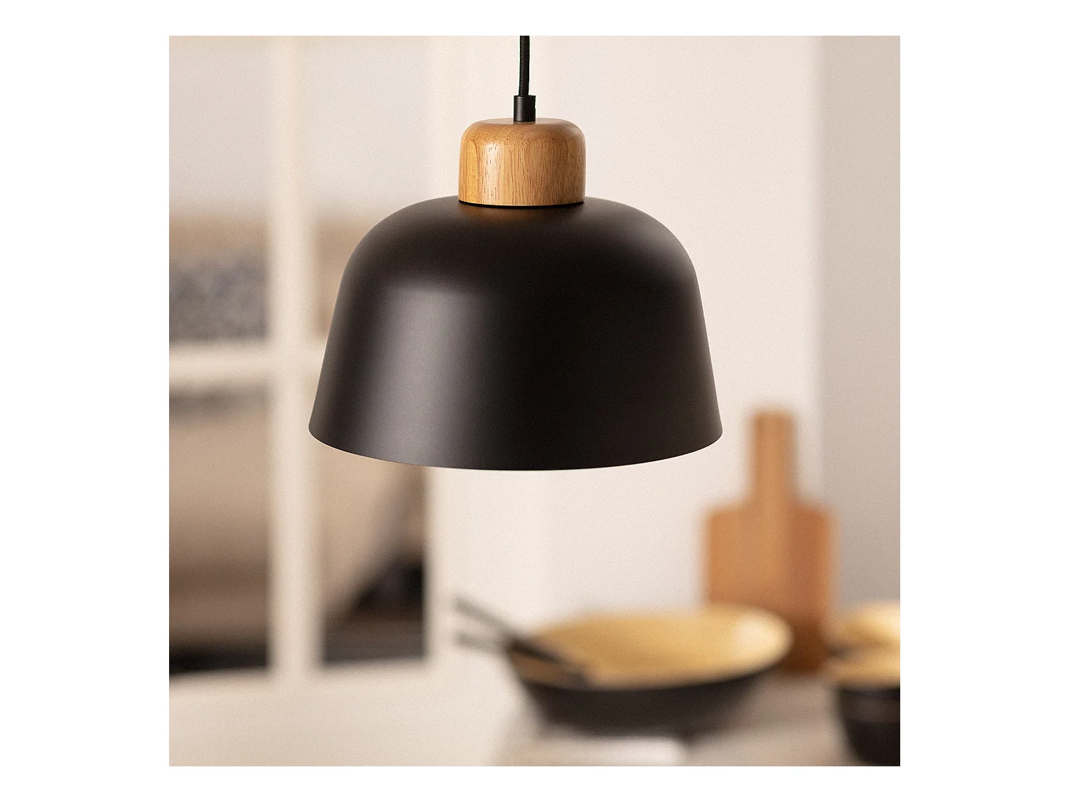 Lampada a Sospensione Metallo e Legno Wawak Nero