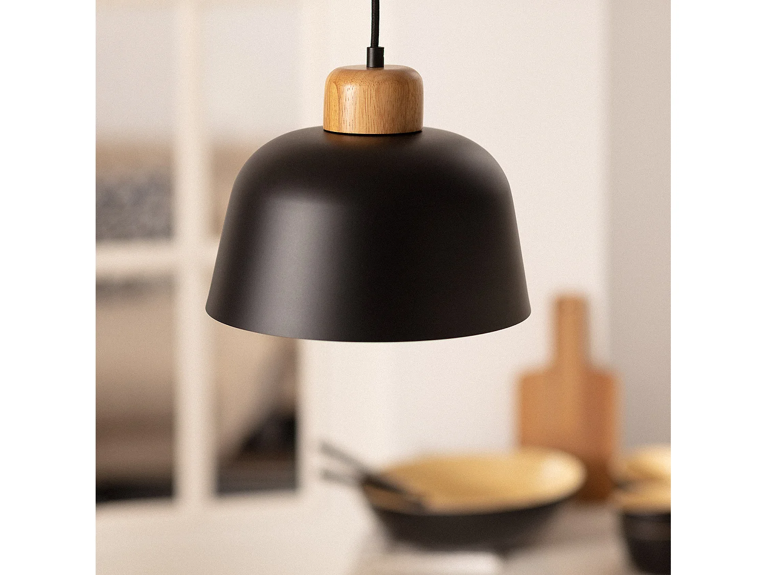 Lampada a Sospensione Metallo e Legno Wawak Nero