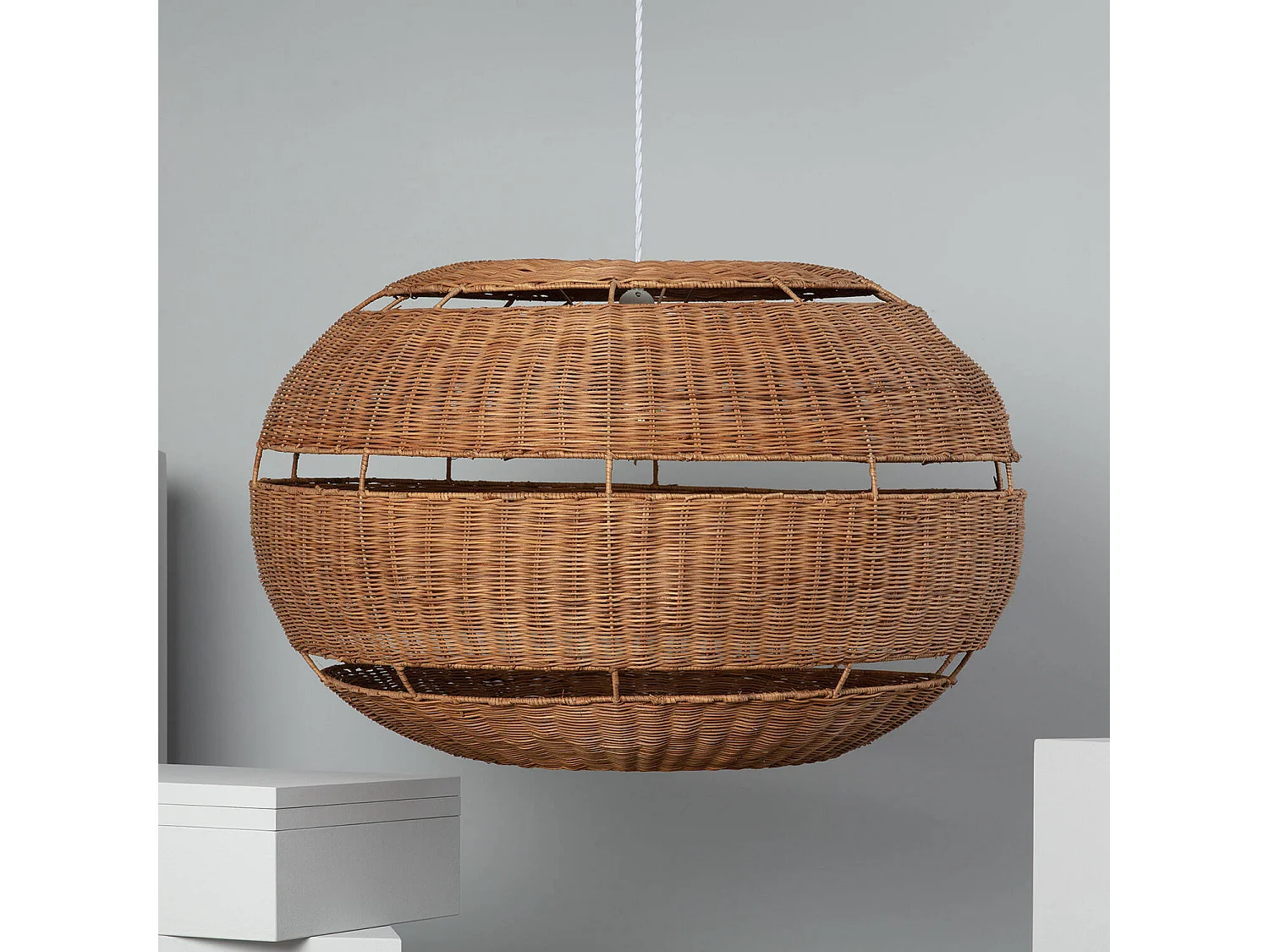 Lampada a Sospensione Rattan Oblate Bulang ILUZZIA Intrecciato Bianco