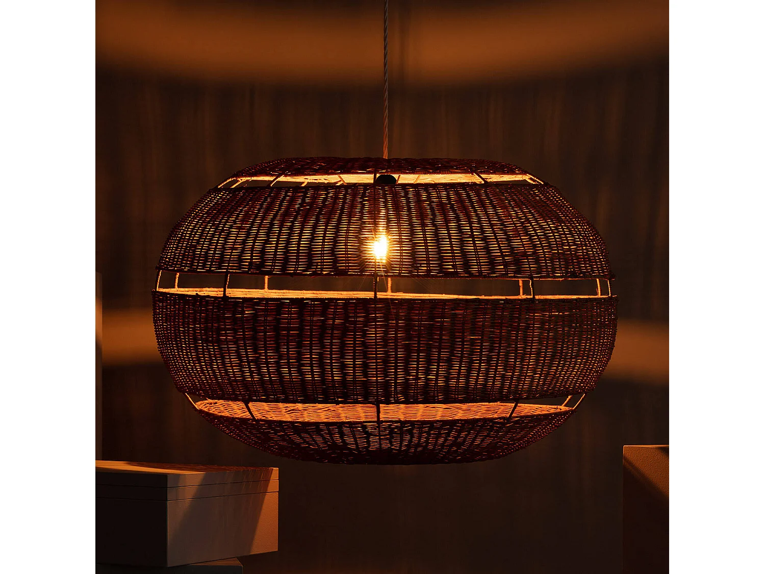 Lampada a Sospensione Rattan Oblate Bulang ILUZZIA Intrecciato Bianco