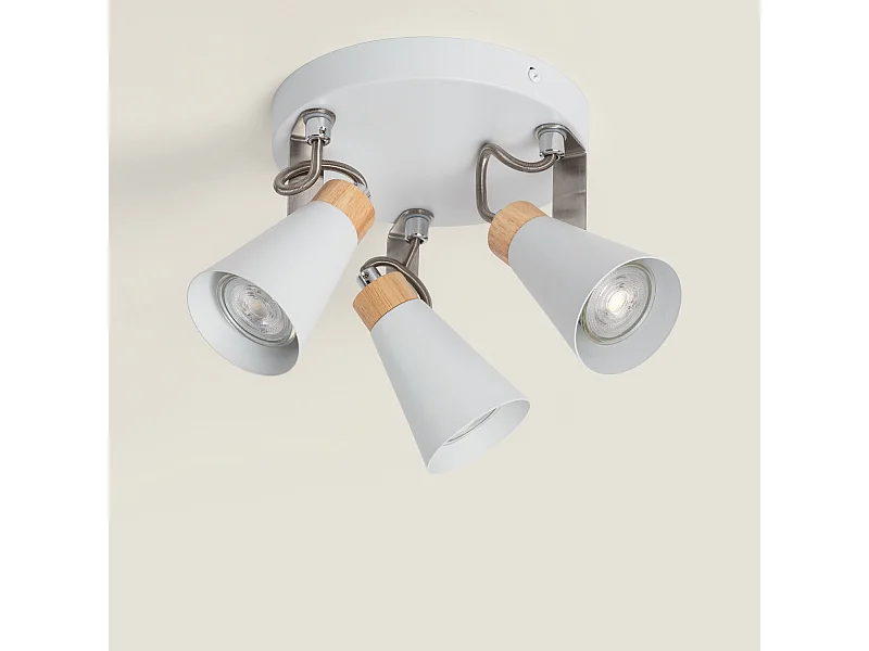 Lampada da Soffitto Circolare Orientabile in Metallo e Legno 3 Faretti Mara Bianco