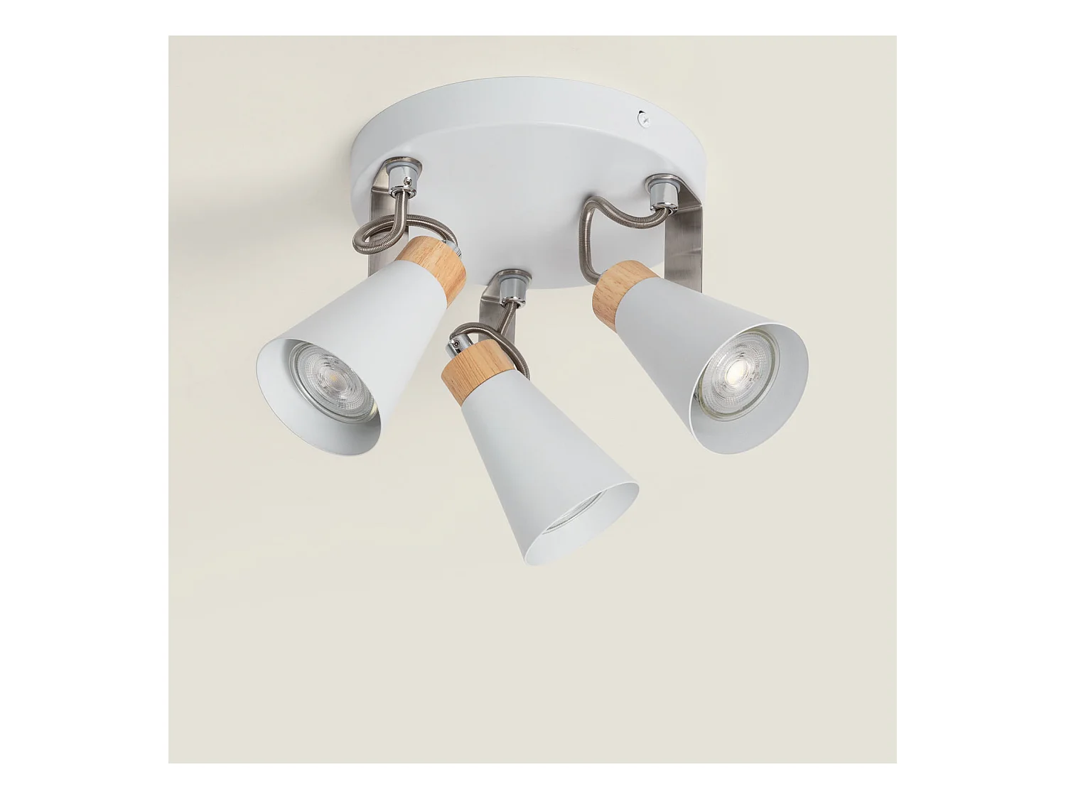 Lampada da Soffitto Circolare Orientabile in Metallo e Legno 3 Faretti Mara Bianco