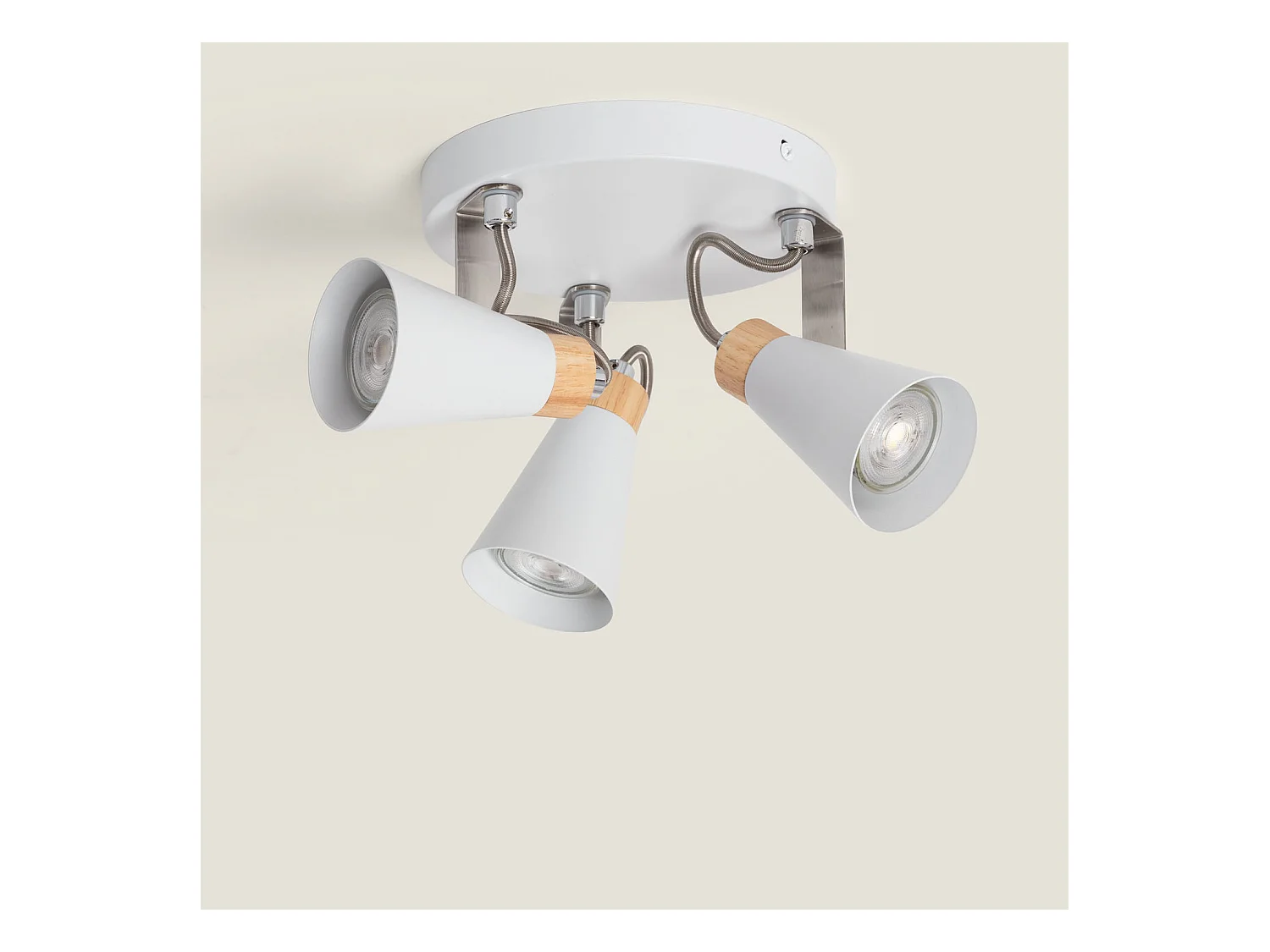 Lampada da Soffitto Circolare Orientabile in Metallo e Legno 3 Faretti Mara Bianco