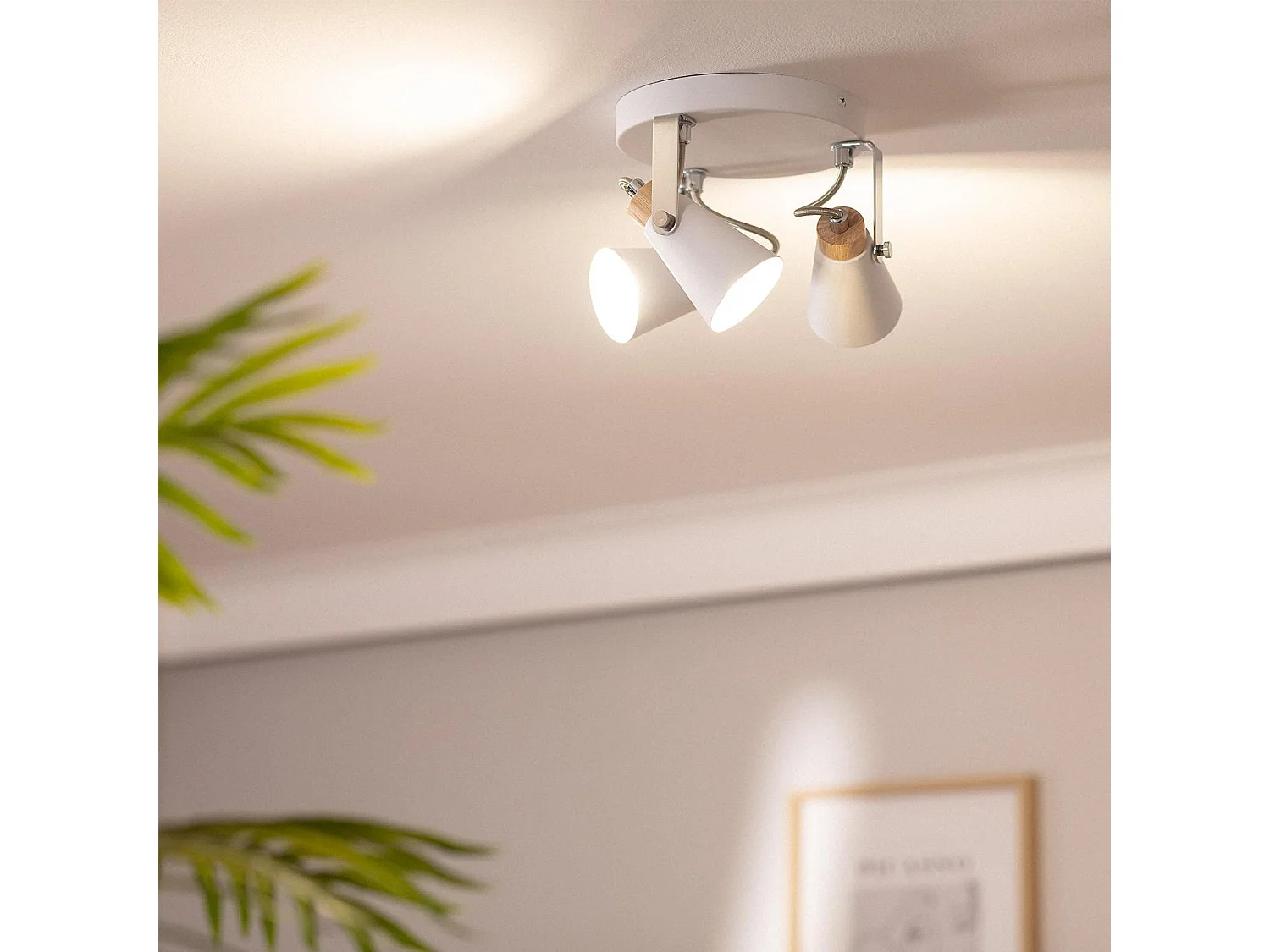 Plafonnier Rond Orientable Métal et Bois Mara 3 Spots  Blanc