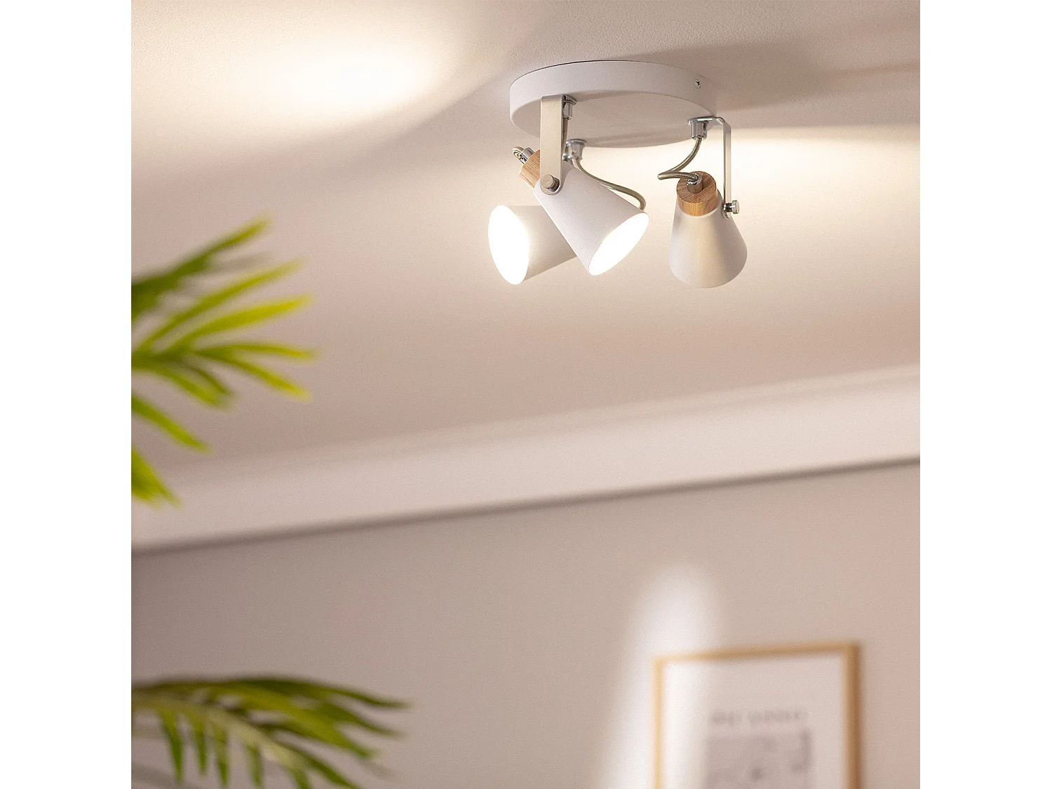 Plafonnier Rond Orientable Métal et Bois Mara 3 Spots  Blanc