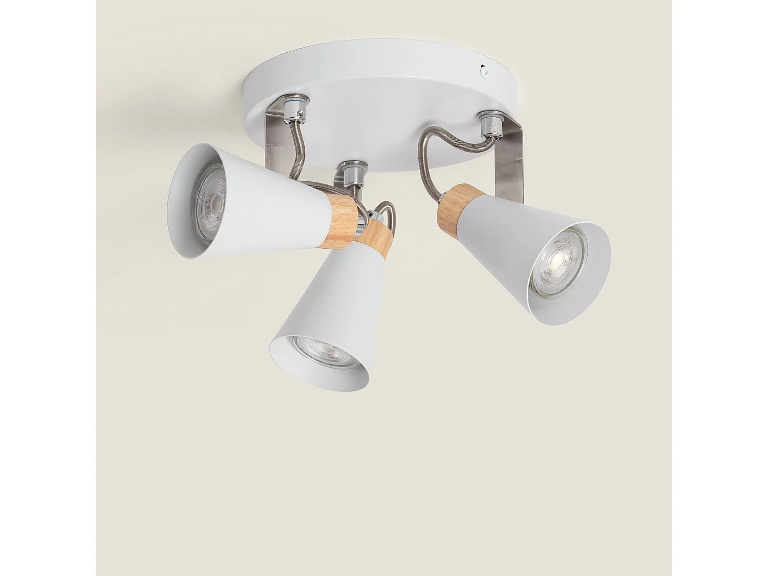 Lampada da Soffitto Circolare Orientabile in Metallo e Legno 3 Faretti Mara Bianco