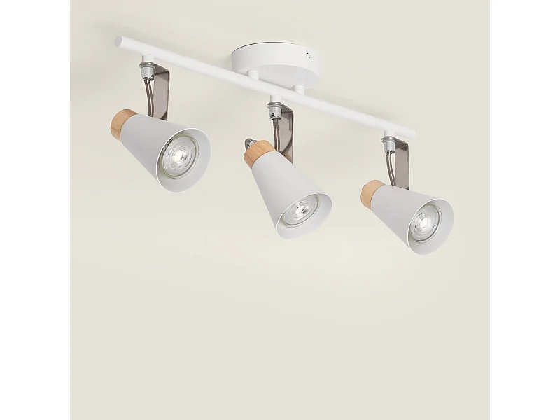 Plafonnier Orientable Métal et Bois Mara 3 Spots  Blanc