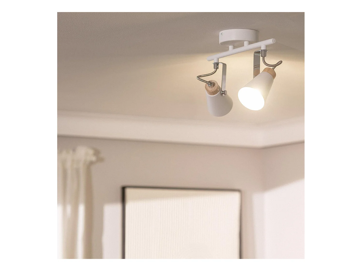 Lampada da Soffitto Orientabile in Metallo e Legno 2 Faretti Mara Bianco