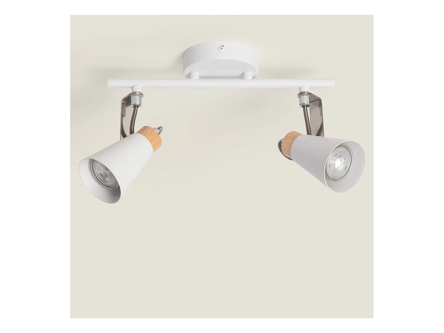 Lampada da Soffitto Orientabile in Metallo e Legno 2 Faretti Mara Bianco