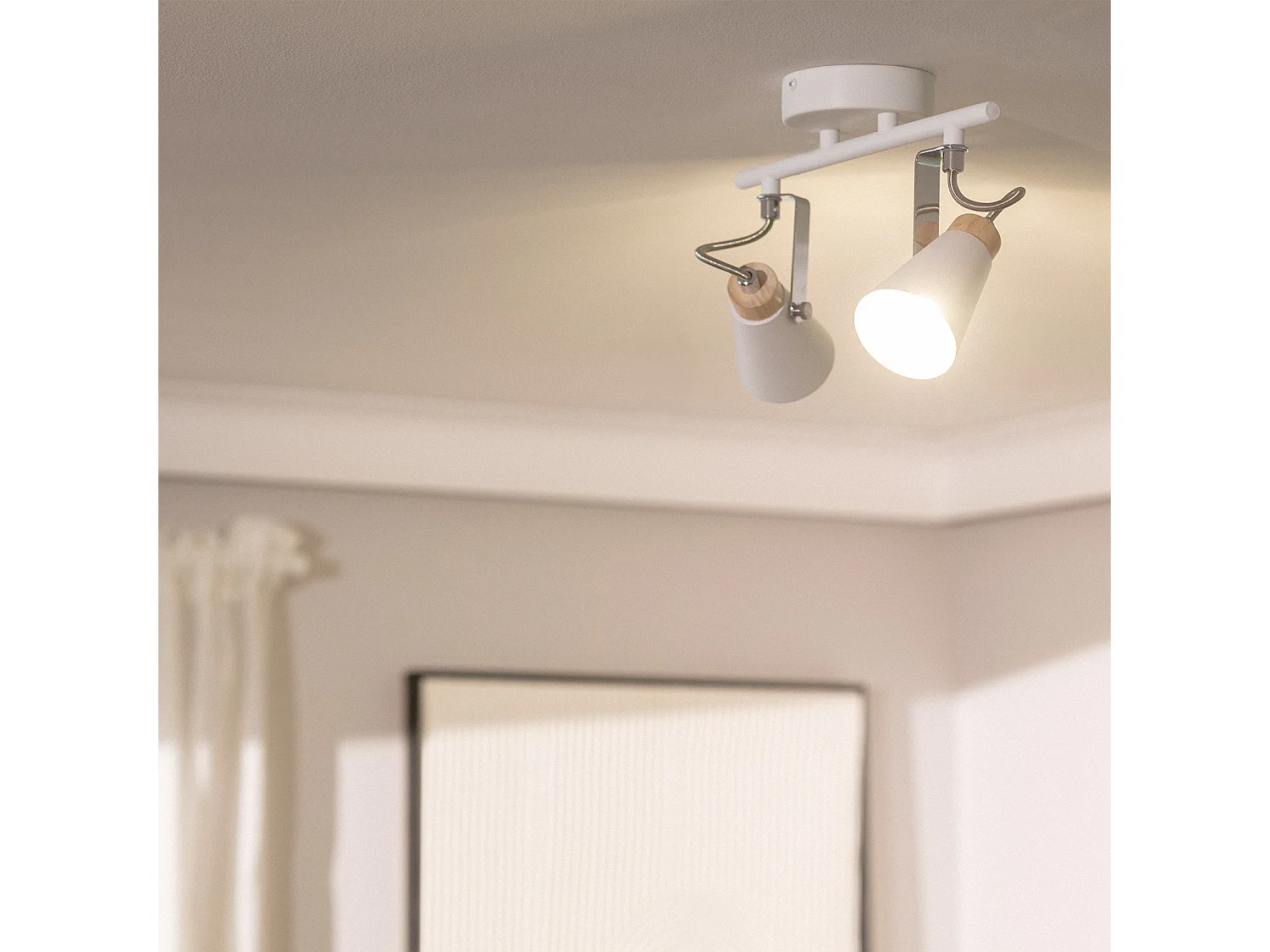 Plafonnier Orientable Métal et Bois Mara 2 Spots  Blanc