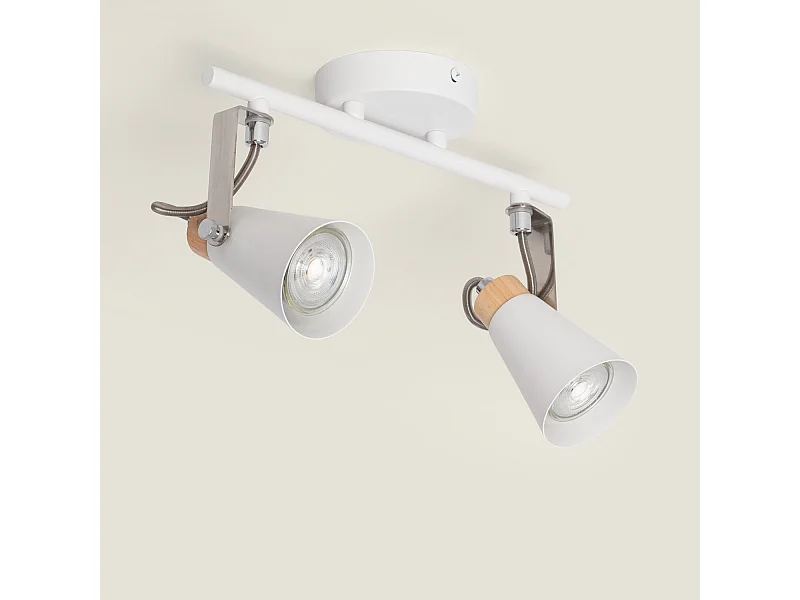 Plafonnier Orientable Métal et Bois Mara 2 Spots  Blanc