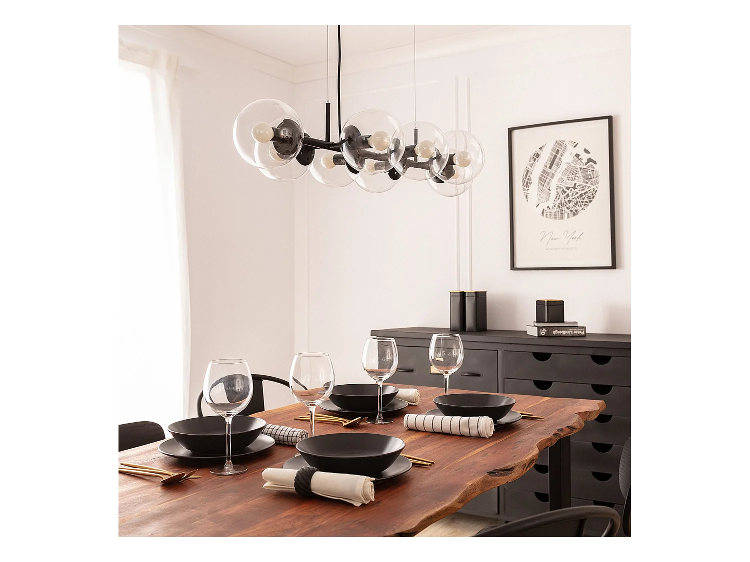 Lámpara Colgante Metal y Cristal Wassily 8 Focos Negro