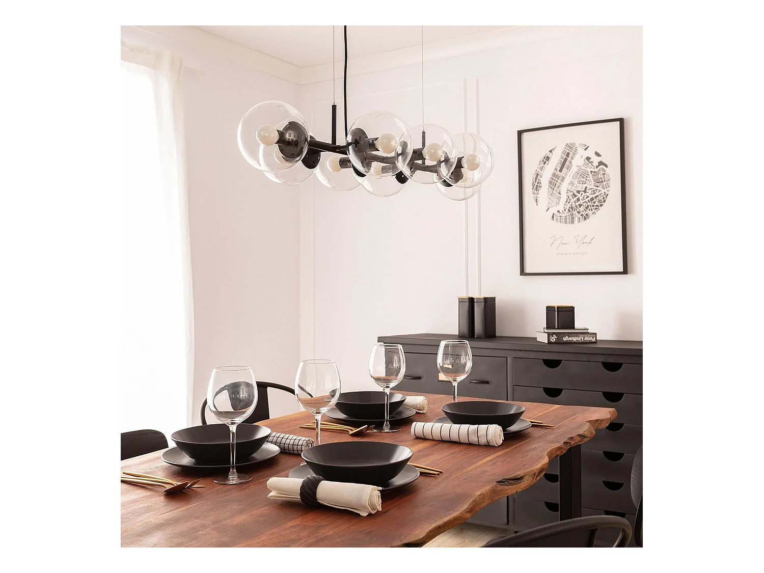 Lámpara Colgante Metal y Cristal Wassily 8 Focos Negro