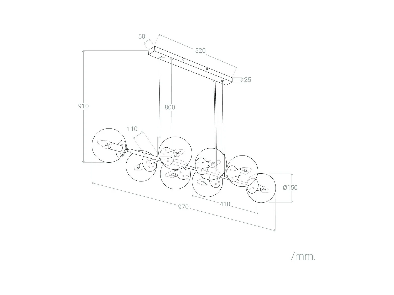 Lámpara Colgante Metal y Cristal Wassily 8 Focos Negro