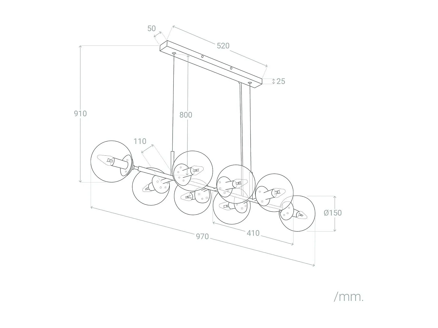 Suspension Métal et Verre Wassily 8 Spots  Noir
