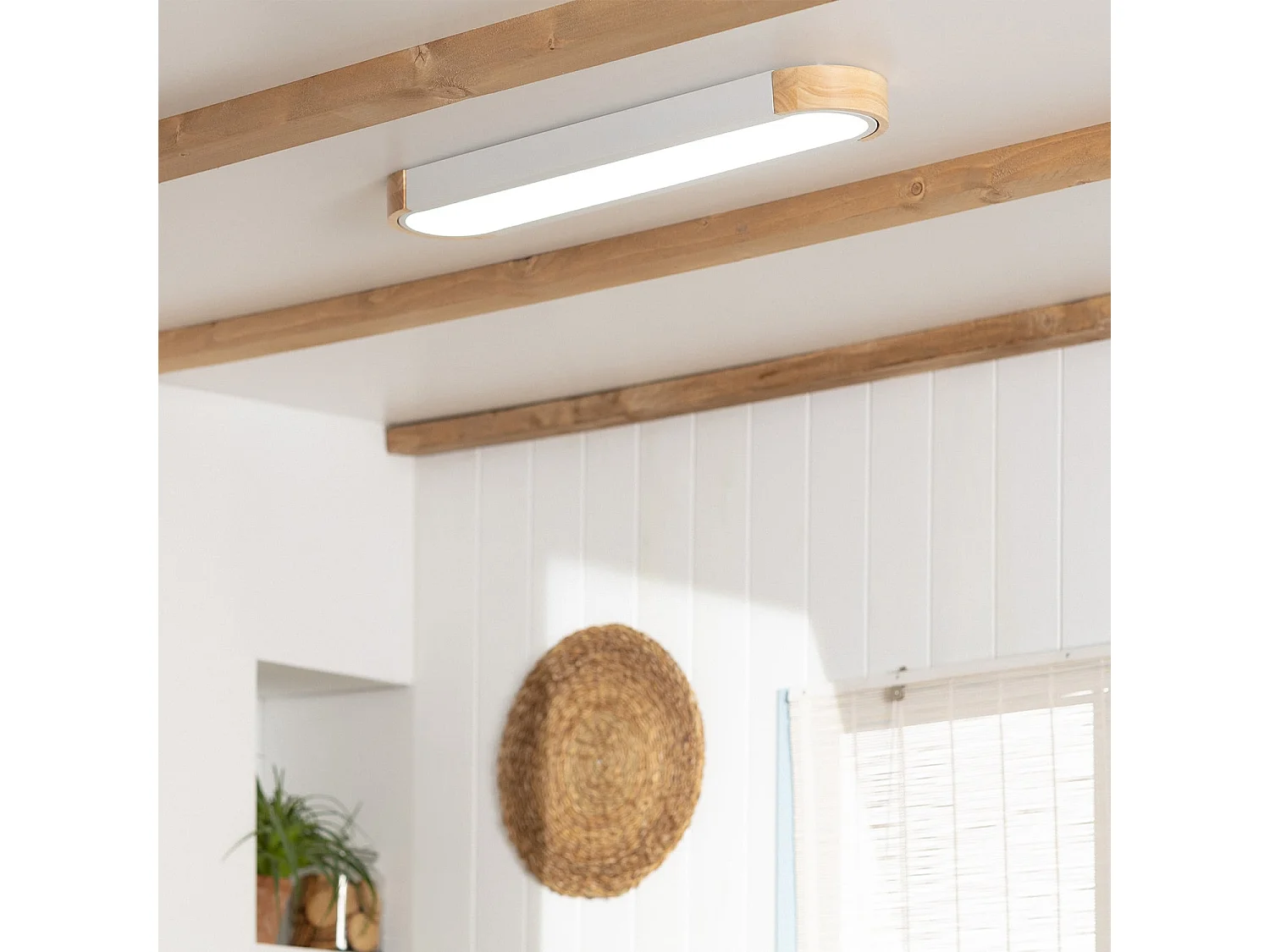 Plafonnier LED 18W Bois et Métal 140x650 mm CCT Sélectionnable Dari Lang Blanc