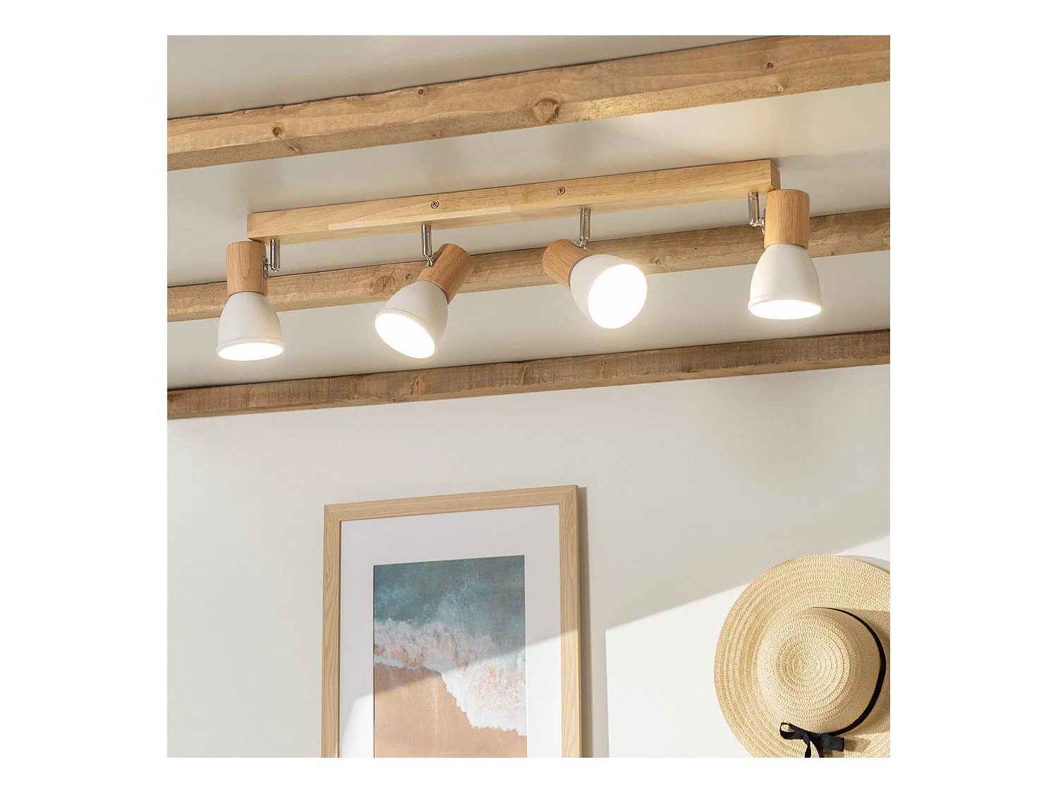 Lampada da Soffitto Metallo e Legno 4 Faretti Tautau Bianco