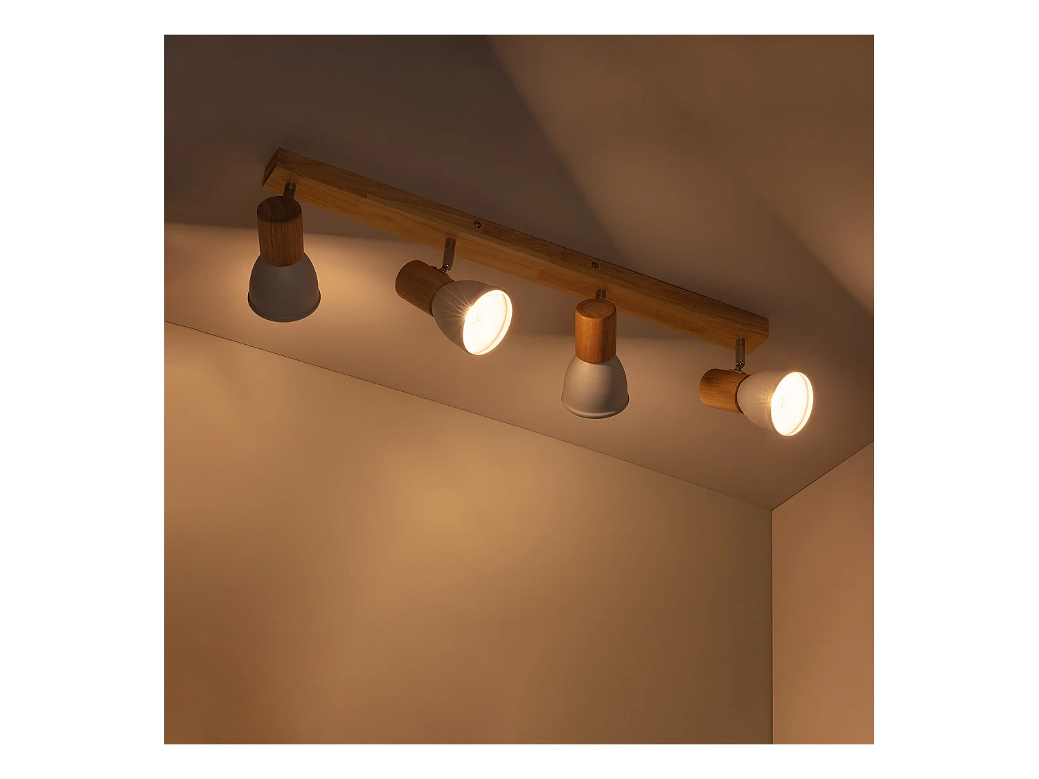 Lampada da Soffitto Metallo e Legno 4 Faretti Tautau Bianco