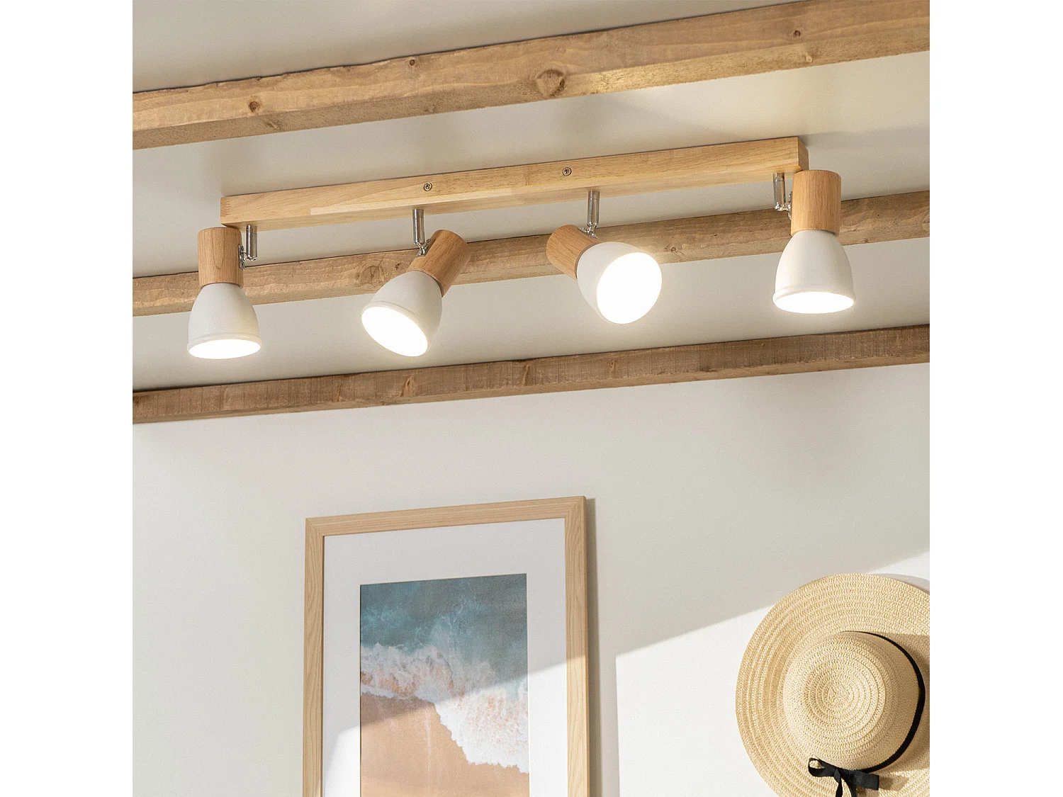 Lámpara de Techo Madera y Metal 4 Focos Tautau Blanco