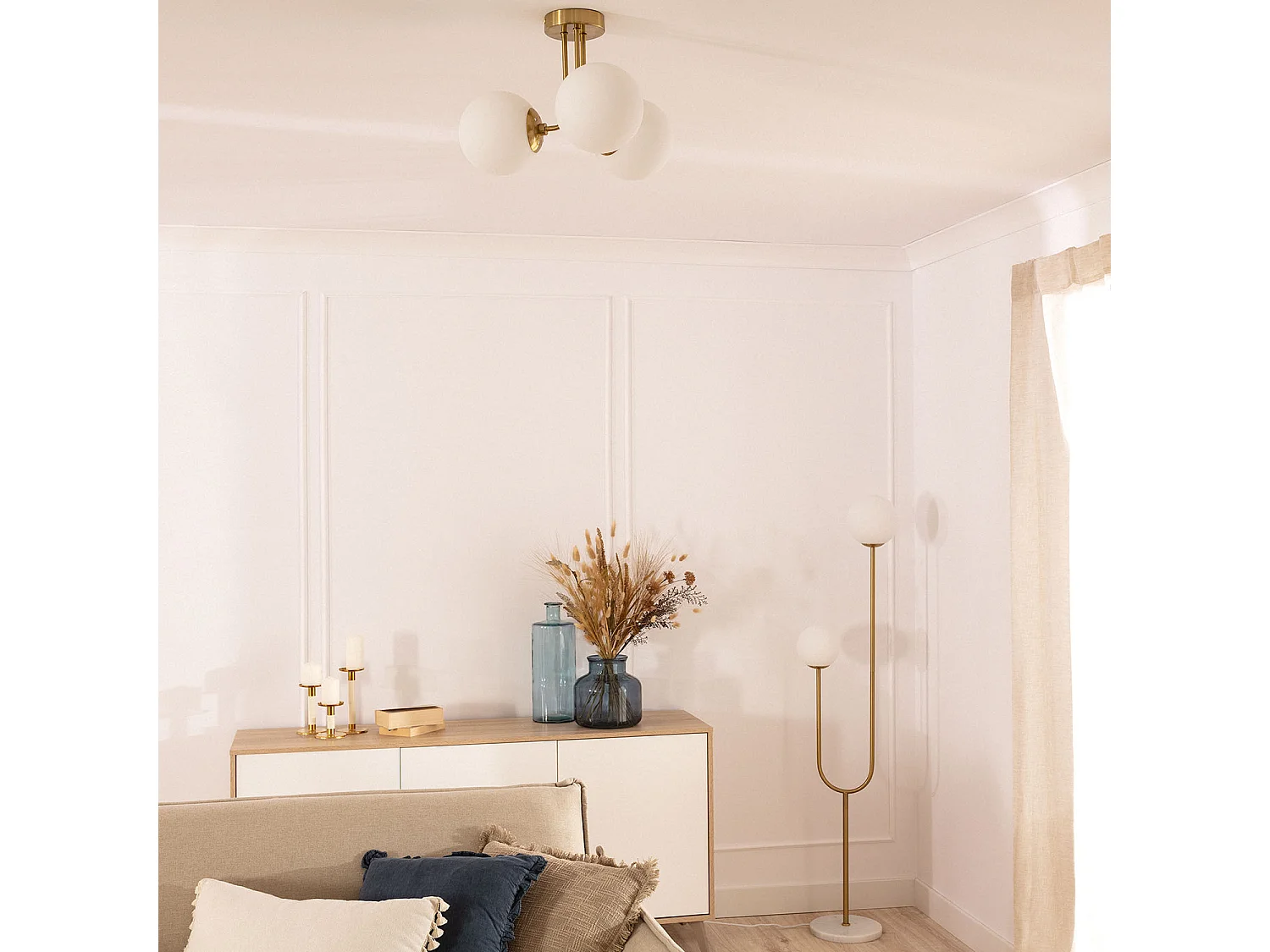 Plafonnier Métal et Verre Moonlight Brass 3 Spots Blanc