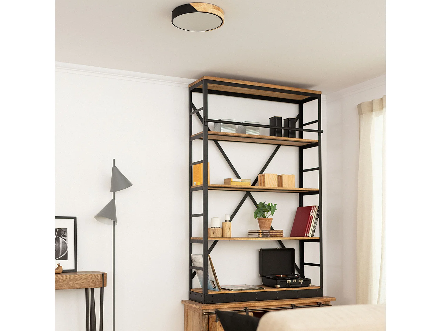 Plafonnier LED Rond Bois 18W CCT Sélectionnable Semi-Dari Ø320 mm Noir