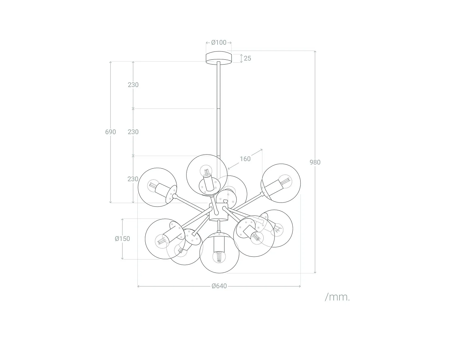 Lámpara Colgante Metal y Cristal Wassily 9 Focos Negro