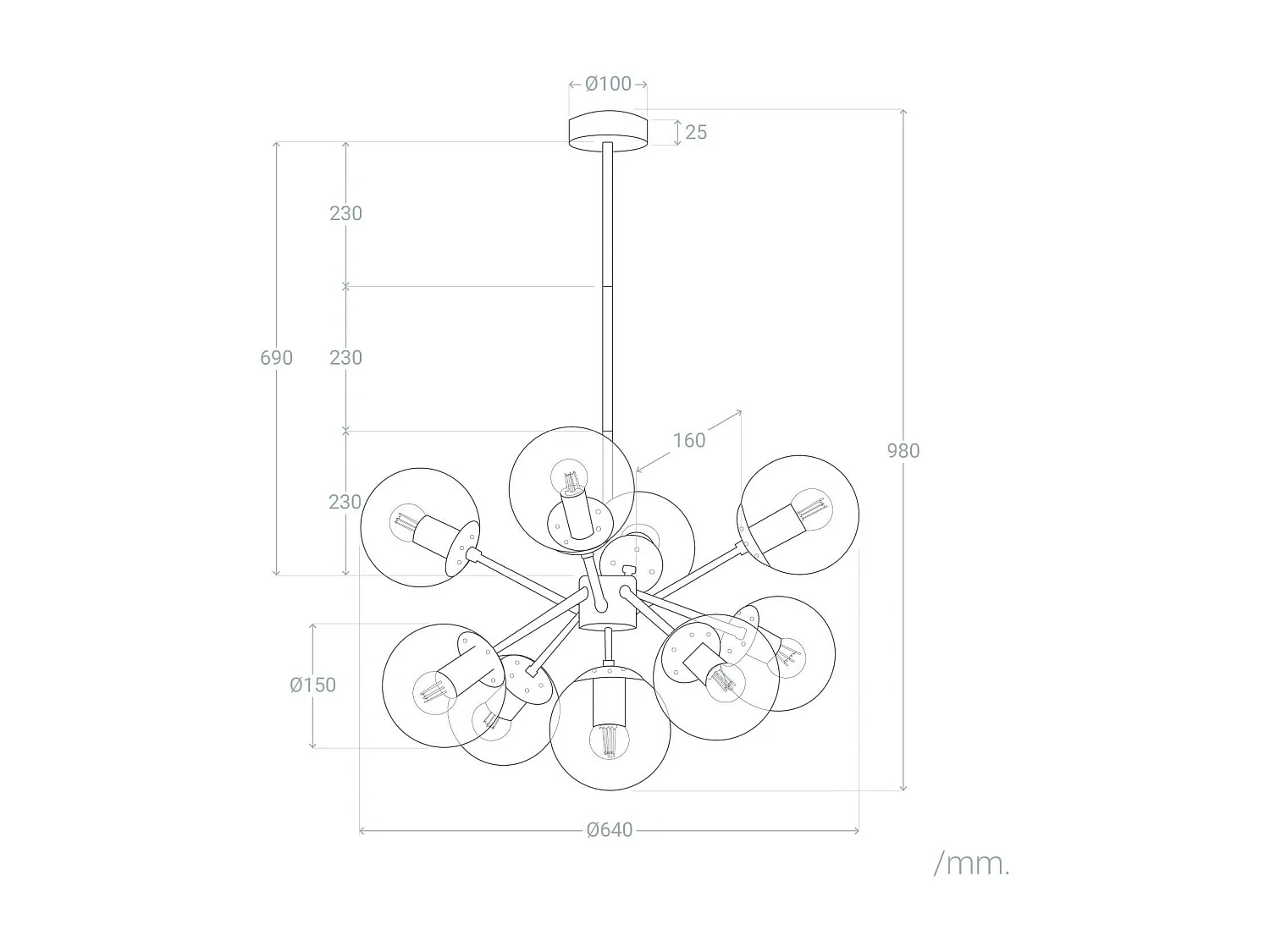Suspension Métal et Verre Wassily 9 Spots  Noir