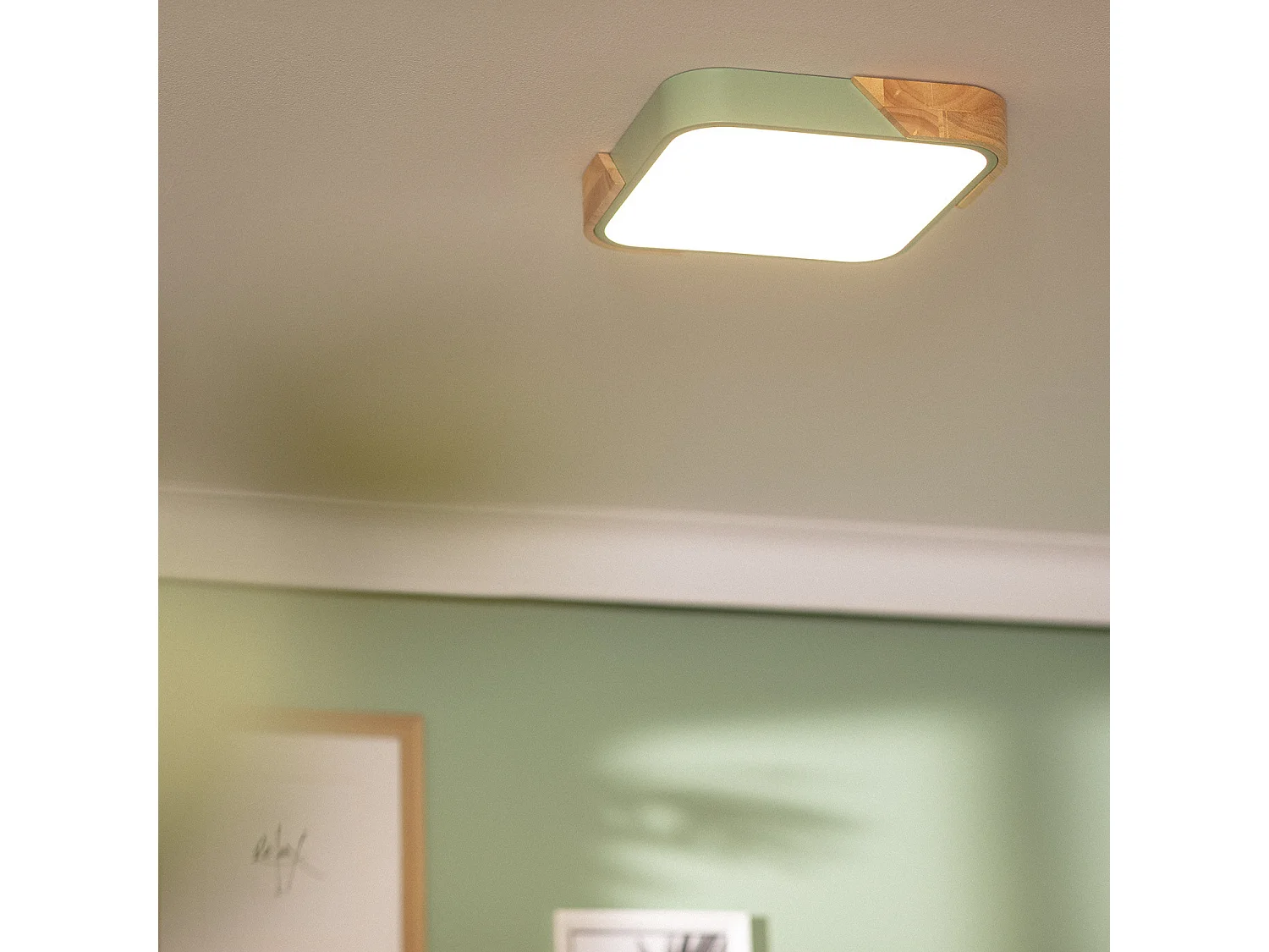 Plafonnier LED 18W Carré Bois 325x325 mm CCT Sélectionnable Semi-Dari Vert Céladon
