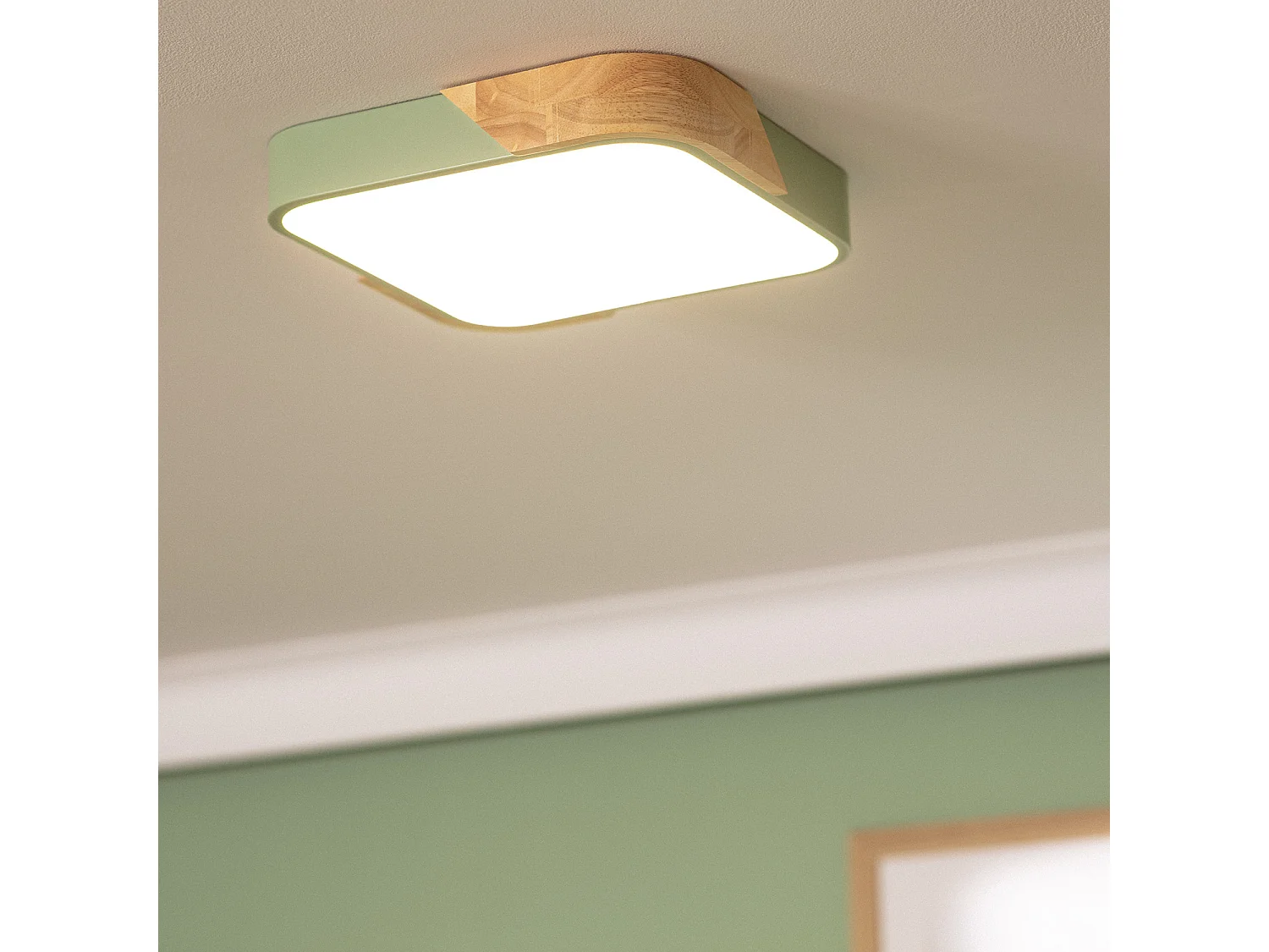 Plafonnier LED 18W Carré Bois 325x325 mm CCT Sélectionnable Semi-Dari Vert Céladon