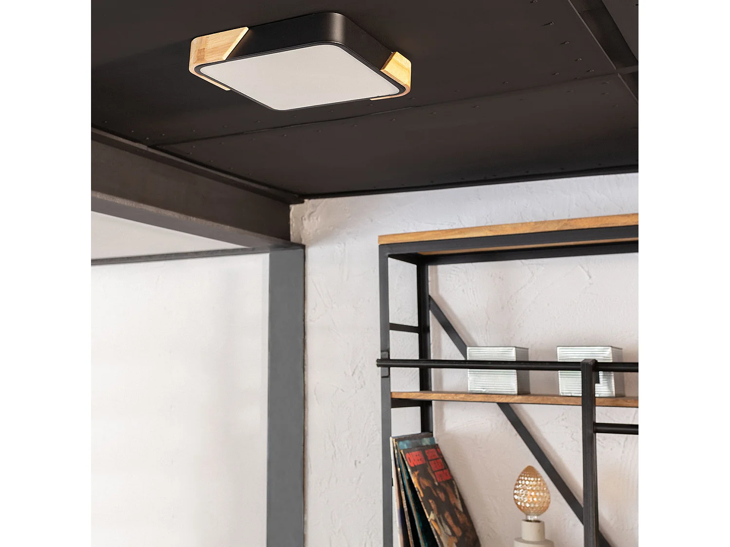 Plafoniera LED 18W Quadrata Legno 325x325 mm CCT Selezionabile Semi-Dari Nero
