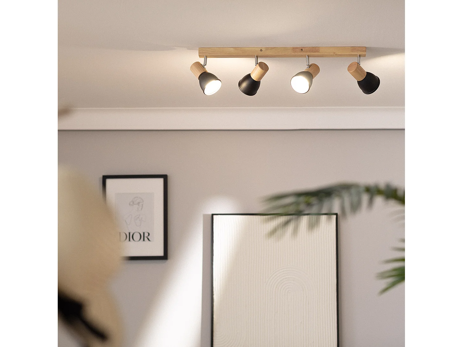 Plafonnier Métal et Bois Tautau 4 Spots Noir