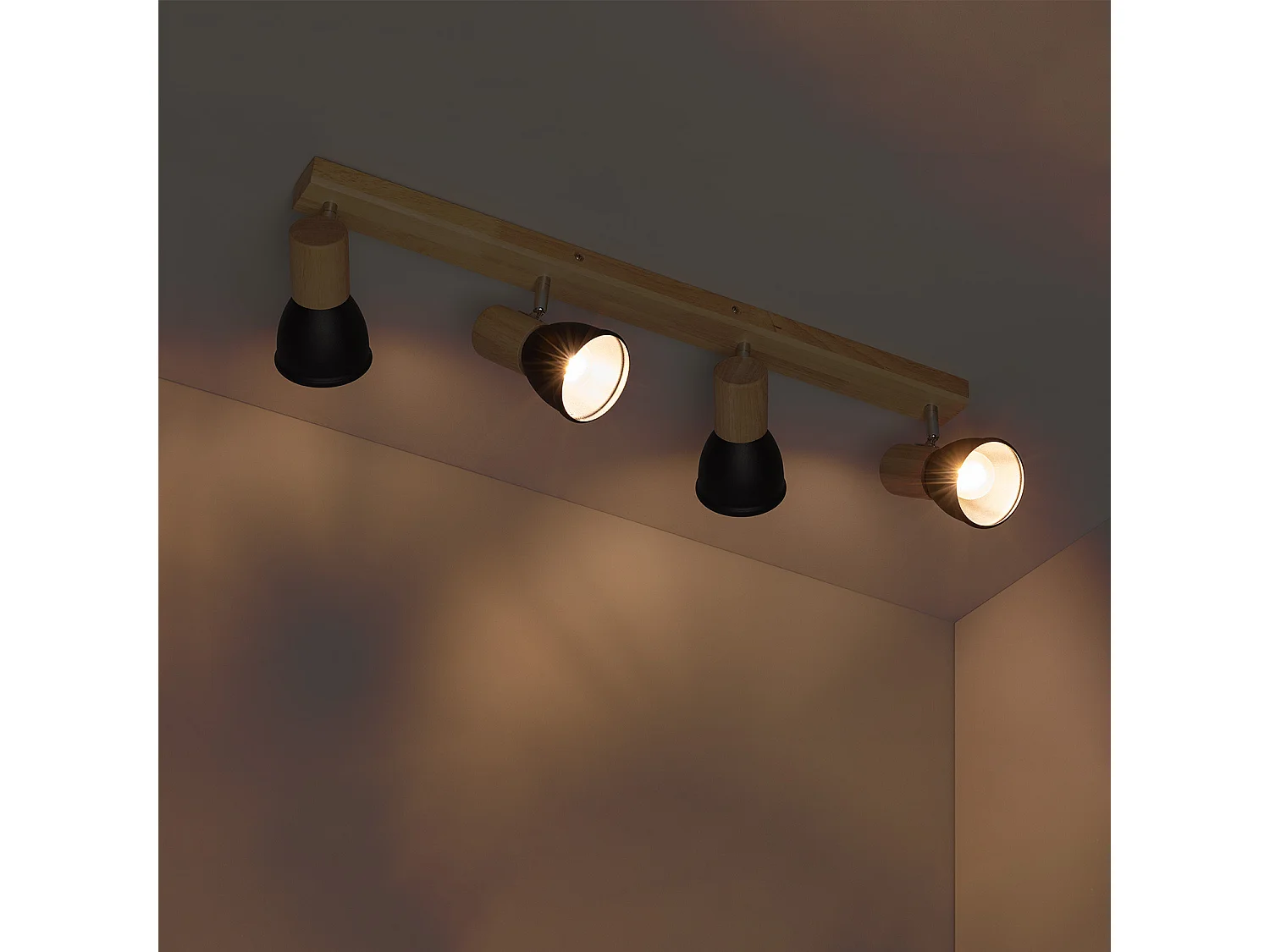 Plafonnier Métal et Bois Tautau 4 Spots Noir