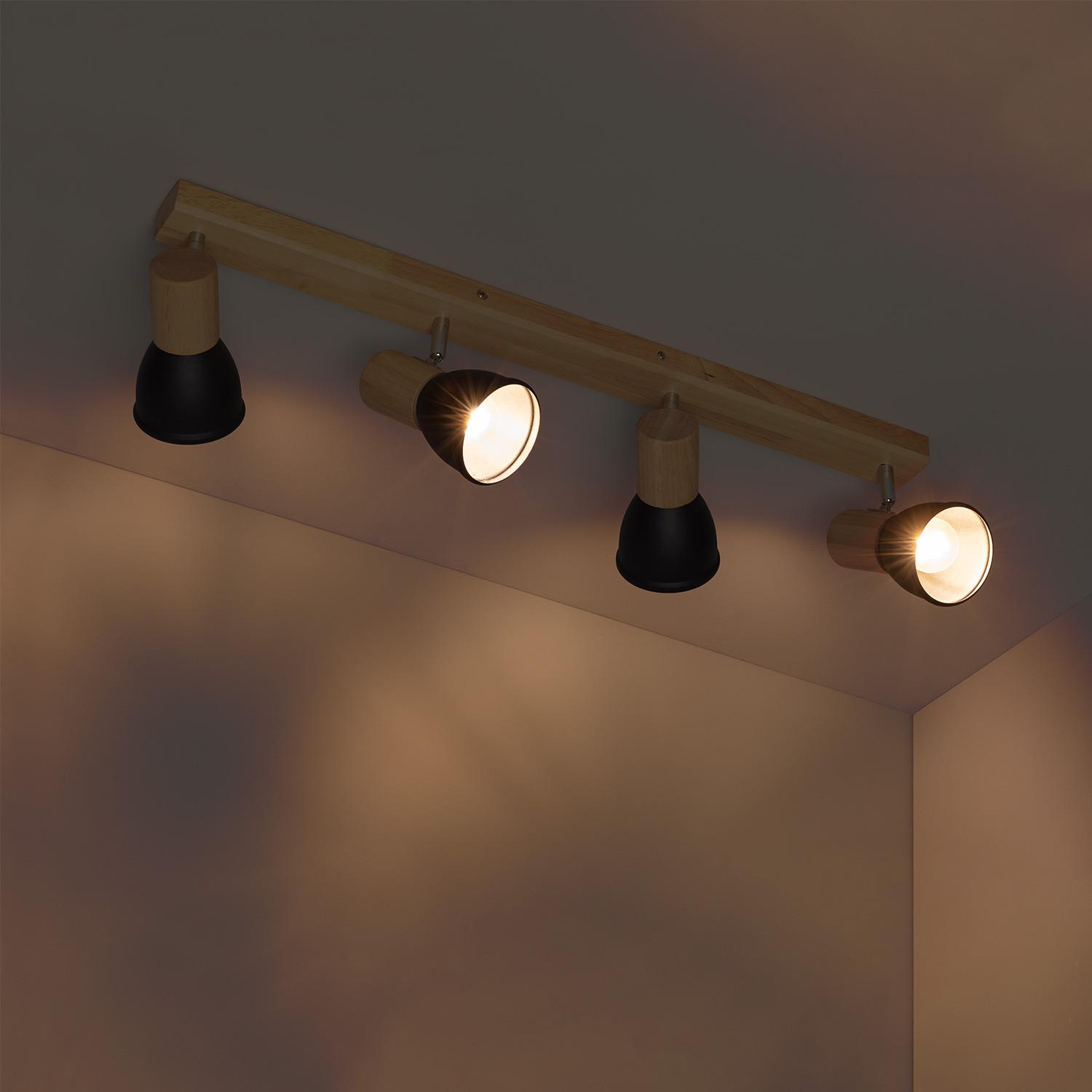 Ledkia Lámpara de Techo Madera y Metal 4 Focos Tautau Negro