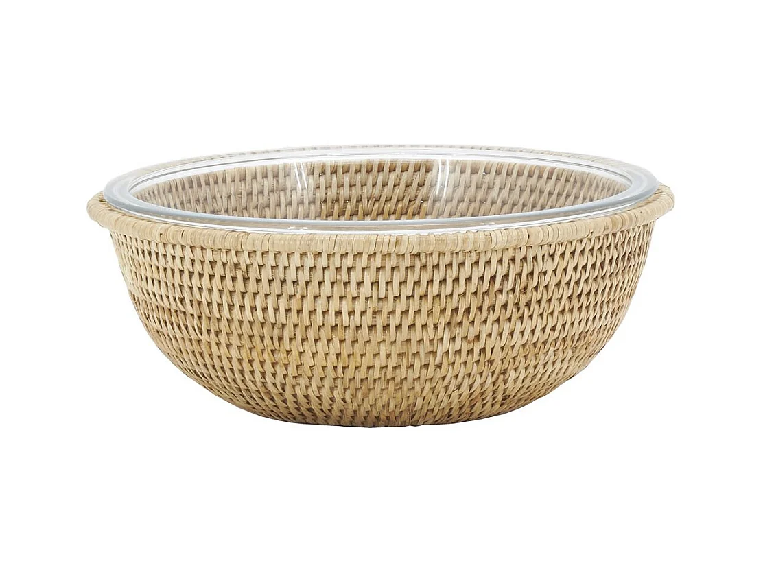 Ensemble saladier et support en rotin Rond
